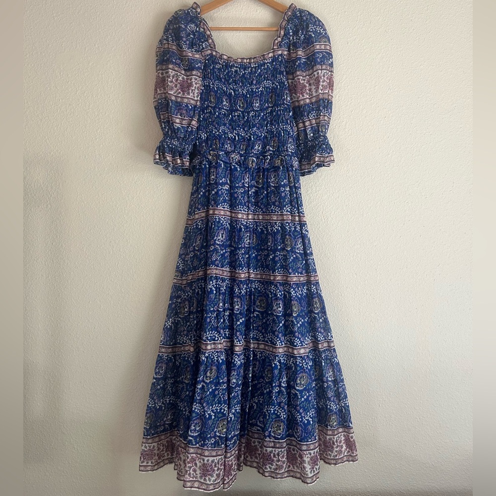 Sea Rosita Smocked Puff-Sleeve Midi-Dress in a blue floral pattern | XS - Picture 4 of 8